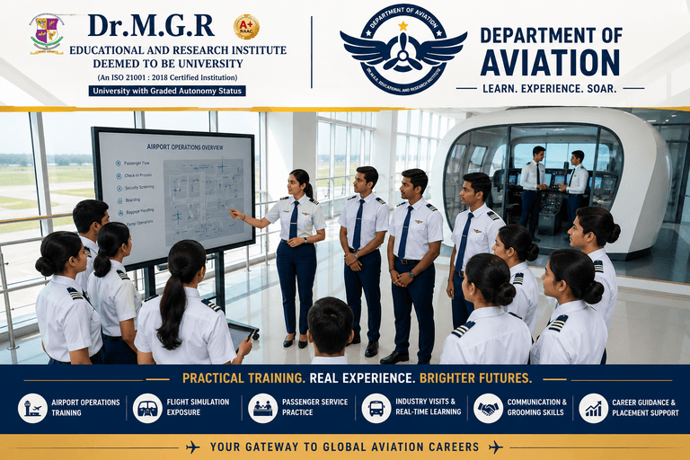 Aviation students participating in practical airport operations and simulator-based training at Dr. M.G.R. Aviation to gain real-world industry experience and professional confidence.