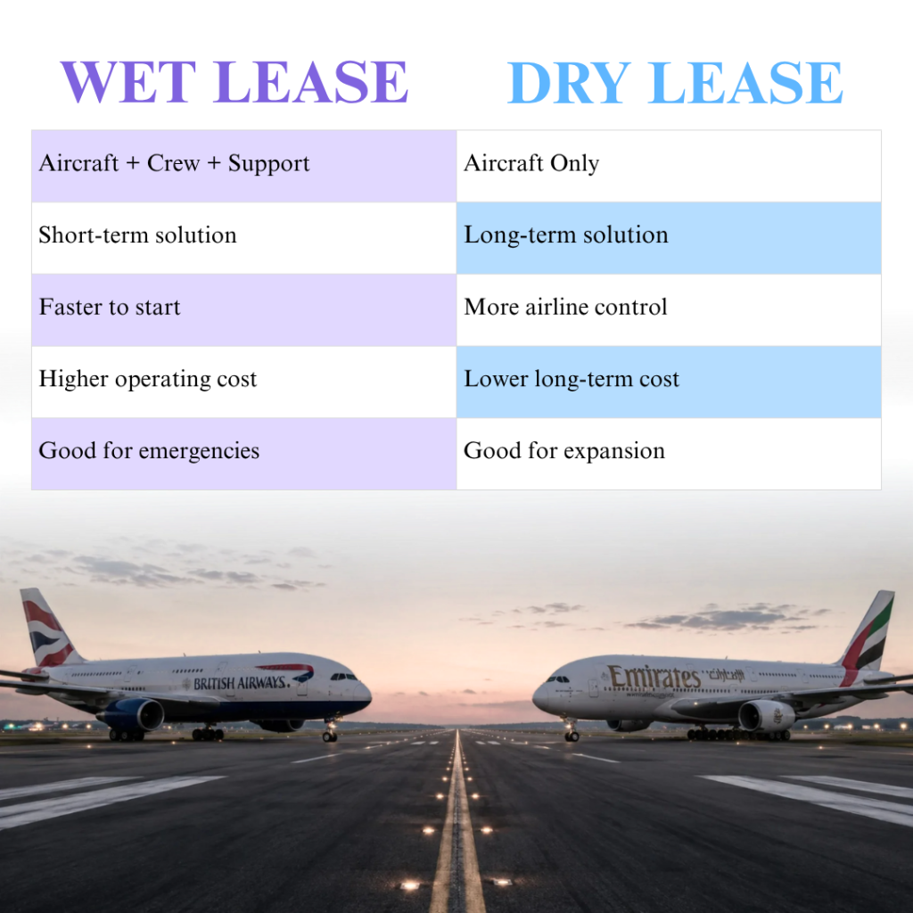 Wet Lease and Dry Lease aviation comparison table
